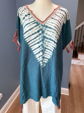 South Moon Under Blue Tie Dye Tassel Trim Boho Tunic Cover-Up Medium